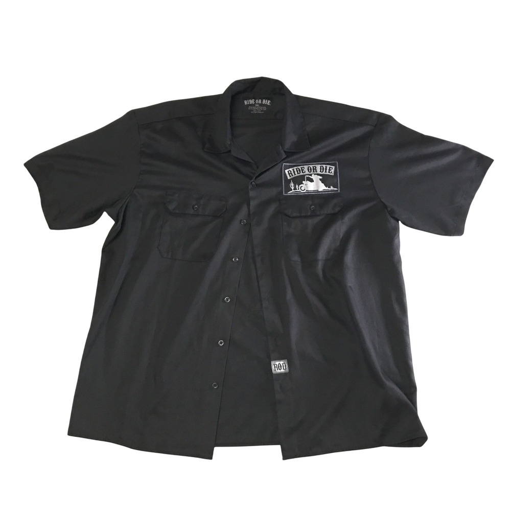 Ride Or Die Mens 3XL DGA Biker Work Shirt Short Sleeve Patch Graphic Button Up